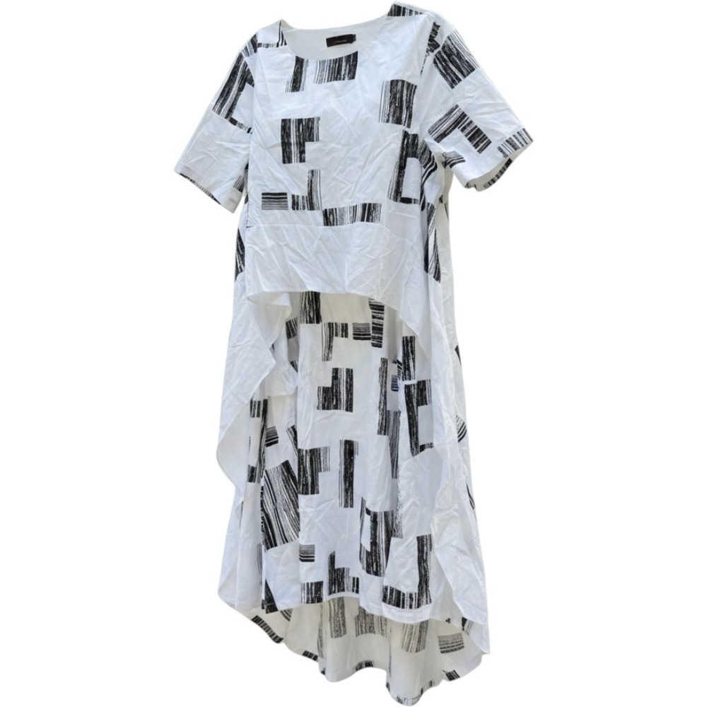 N by Nancy Dress 3X Black White Abstract Lagenlook Wearable Art High Low pockets